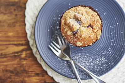 High angle view of cake in plate on table