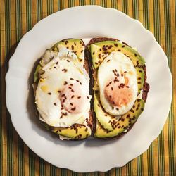 High angle view of breakfast served on table