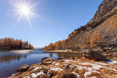 Scenic view of lake and rocks against sky