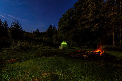 Illuminated tent in forest against sky