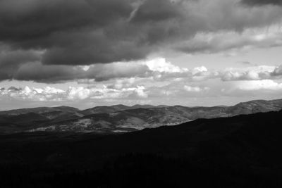 Scenic view of mountains against cloudy sky