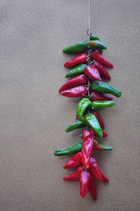 High angle view of red chili peppers over white background