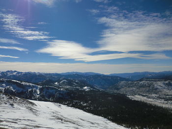 Scenic view of snowcapped mountain against cloudy sky