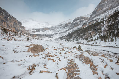 Scenic view of snow covered mountains against sky