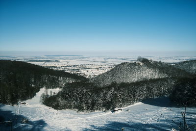 Scenic view of snowcapped mountains against clear blue sky