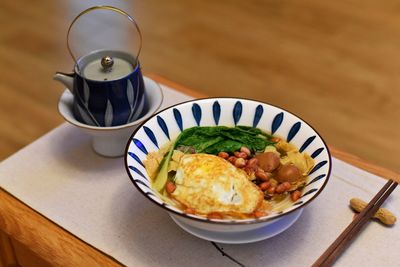 High angle view of breakfast served on table