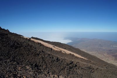 Scenic view of mountains against clear blue sky