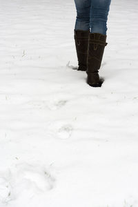 Low section of person walking on snow