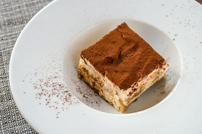High angle view of cake in plate on table