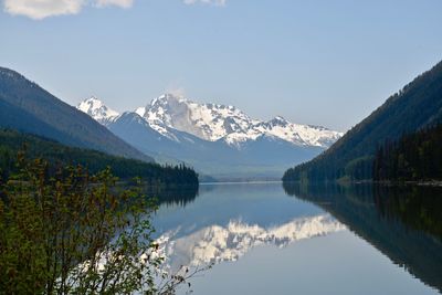 Scenic view of lake and snowcapped mountains against sky