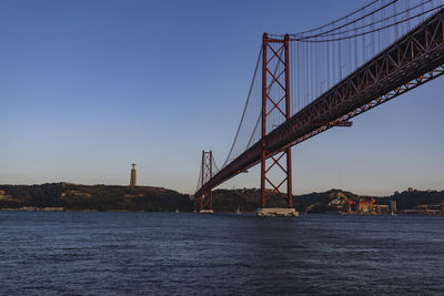 Suspension bridge over river against sky