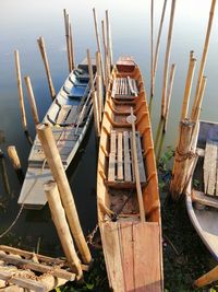 High angle view of sailboats moored in sea