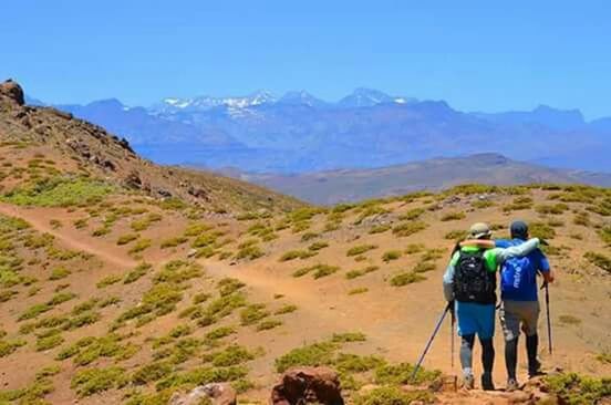 mountain, landscape, full length, lifestyles, rear view, leisure activity, men, domestic animals, clear sky, backpack, casual clothing, standing, walking, mountain range, tranquil scene, nature, tranquility, sky