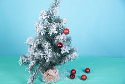 Close-up of christmas tree against blue sky