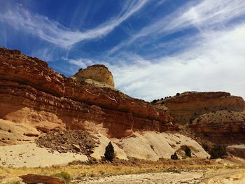 Rock formations on landscape against cloudy sky