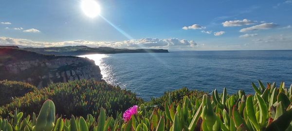 Scenic view of sea against cloudy sky