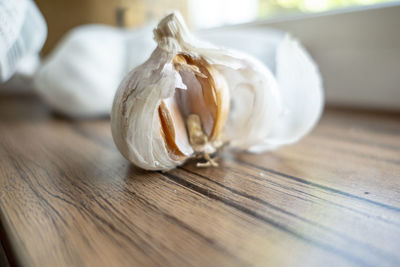 Close-up of white garlic on table