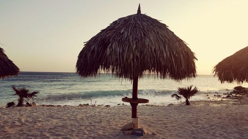 Thatched roof parasols at beach during sunset