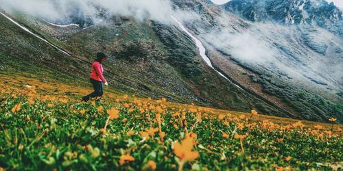 Side view of woman walking on field amidst flowering plants against mountains
