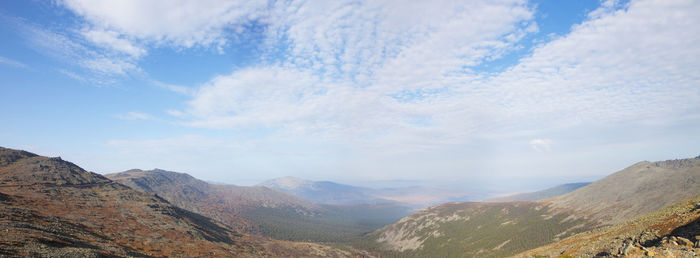 Scenic view of mountains against cloudy sky