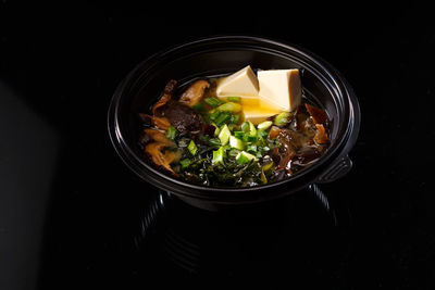 High angle view of soup in bowl on table