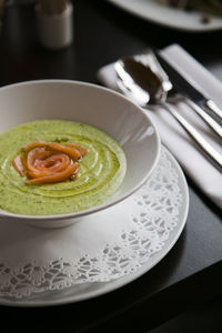 High angle view of soup in bowl on table