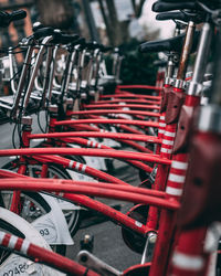 Close-up of bicycle in row