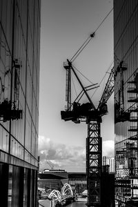 Cranes against sky in city