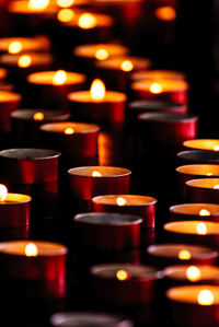 Close-up of tea light candles in temple