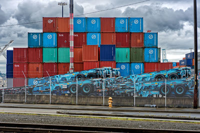 Graffiti on wall by railroad tracks against sky