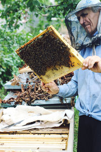 Senior man holding honeycomb against trees