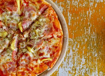 High angle view of pizza on table