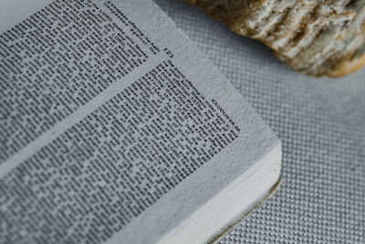 High angle view of open book on table