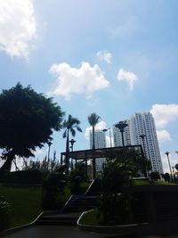 Low angle view of modern buildings against sky