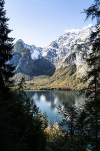 Scenic view of lake and snowcapped mountains against sky