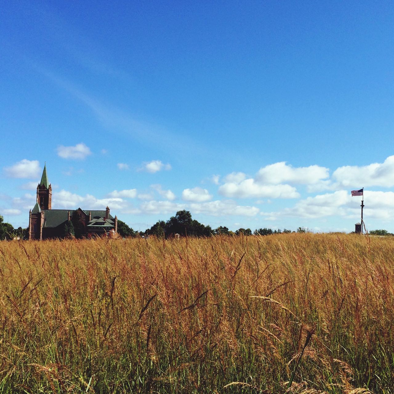 field, sky, landscape, building exterior, built structure, blue, rural scene, architecture, cloud - sky, tranquil scene, nature, beauty in nature, tranquility, agriculture, scenics, grass, cloud, farm, day, lighthouse