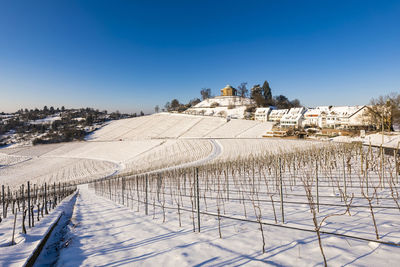 Scenic view of snow covered land against clear blue sky