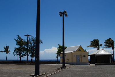 Street by palm trees and houses against sky