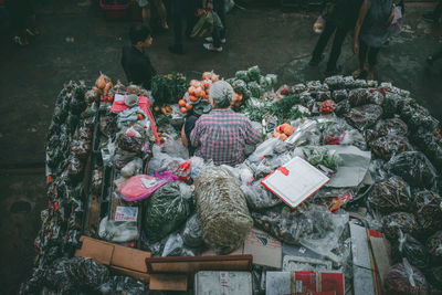 High angle view of various flowers for sale at market stall