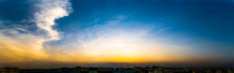 Panoramic view of buildings against sky during sunset