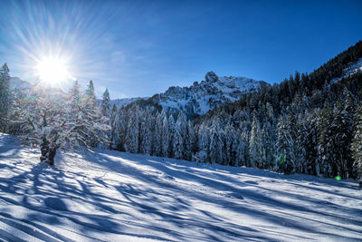 Snow covered landscape against sky