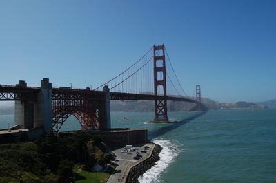 View of suspension bridge in city