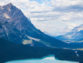 Scenic view of turquoise lake and snowcapped mountains against sky