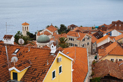 High angle view of houses in town