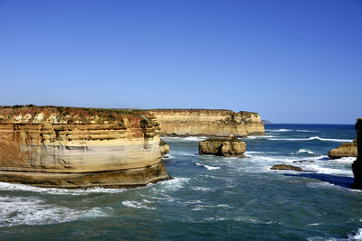 Scenic view of sea against clear blue sky