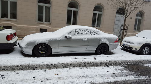 Cars parked on snow covered landscape