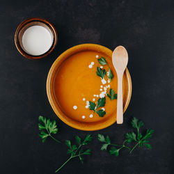 Directly above shot of soup in bowl on table