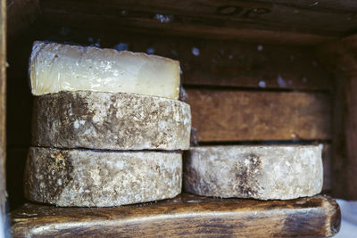 Close-up of stack on table