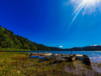 Scenic view of lake against blue sky