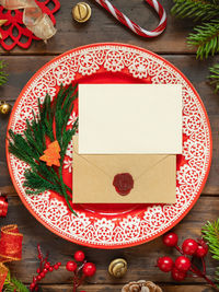 High angle view of christmas decorations on table